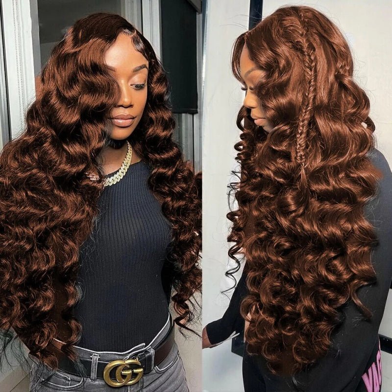 13x4 Transparent Lace Front Wig Chocolate Brown Loose Wave Human Hair Wigs 180% Density - Perismoda Hair